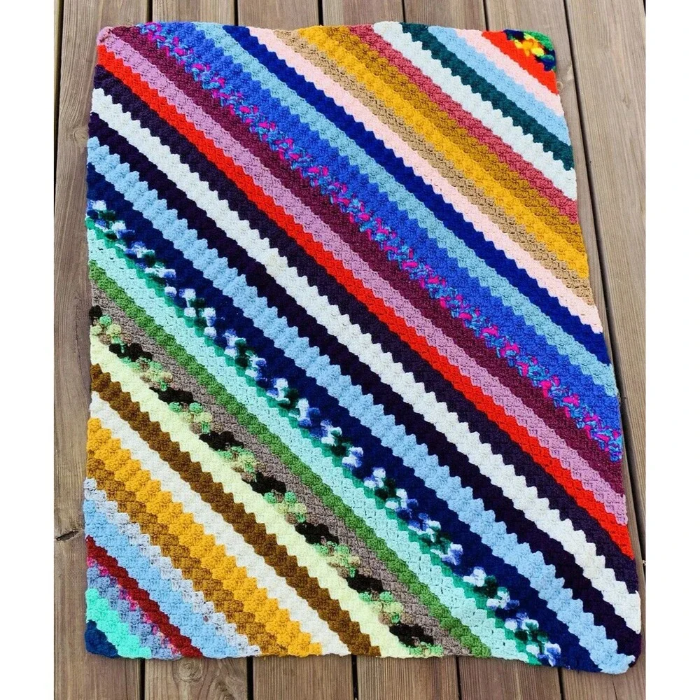 Vintage Crocheted Afghan Granny Lap Blanket Multi Colorful 30”x40”. EUC